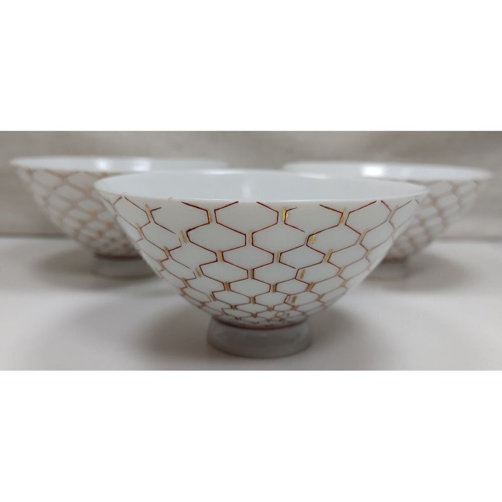 Japanese Porcelain Red White Geometric Pattern Footed Rice Bowl Set Of 3 - Picture 2 of 13